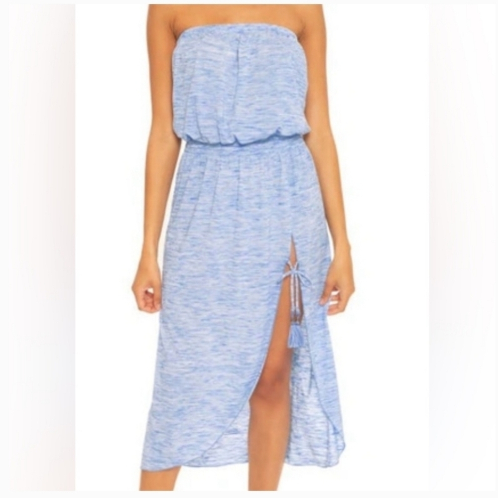 BECCA Light Blue Strapless Midi Dress with Side Tassel Slit